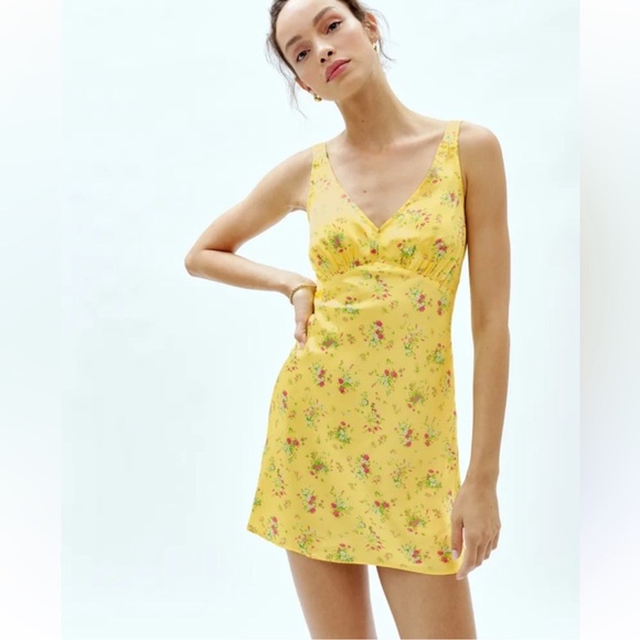 NWT Reformation Women’s Yellow Floral Ellery Silk Slip Dress Size Small